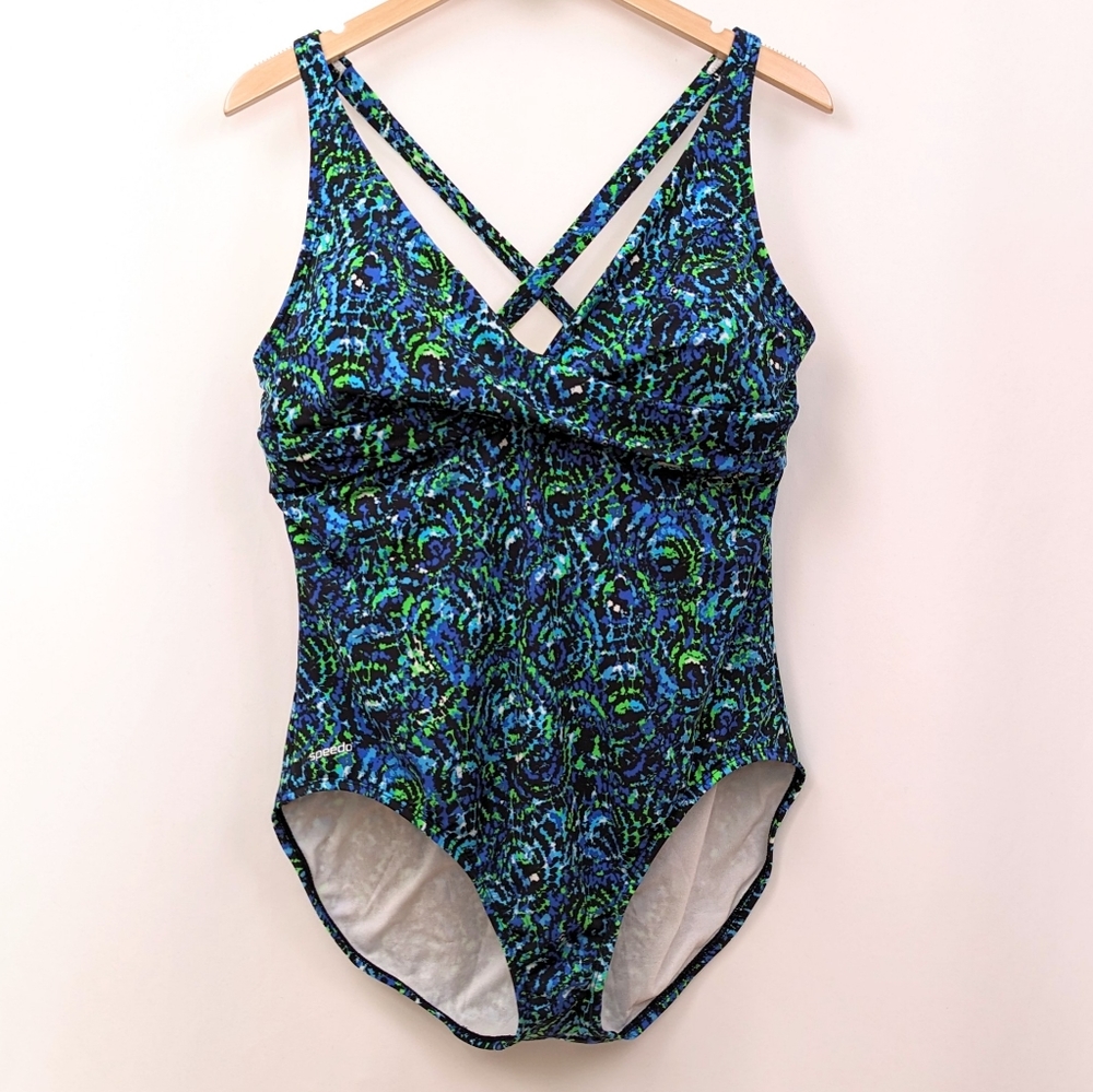 Speedo One Piece Swimsuit Pleated V-Neckline High Back Mosaic Pattern Blue 18